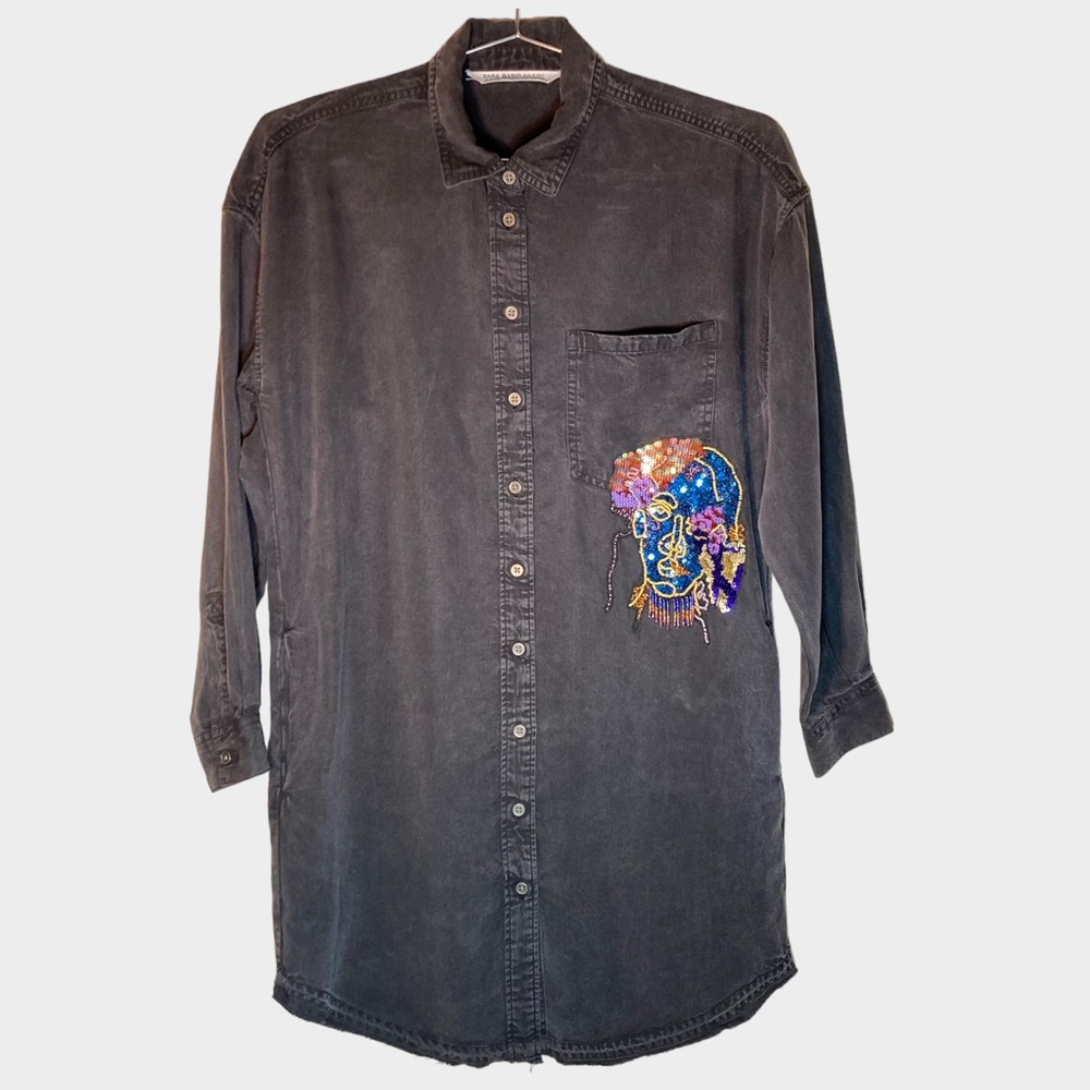 Zara Basic Denim Z1975 Embroidered Dress Sequin XS ButtonDown Collared Oversized